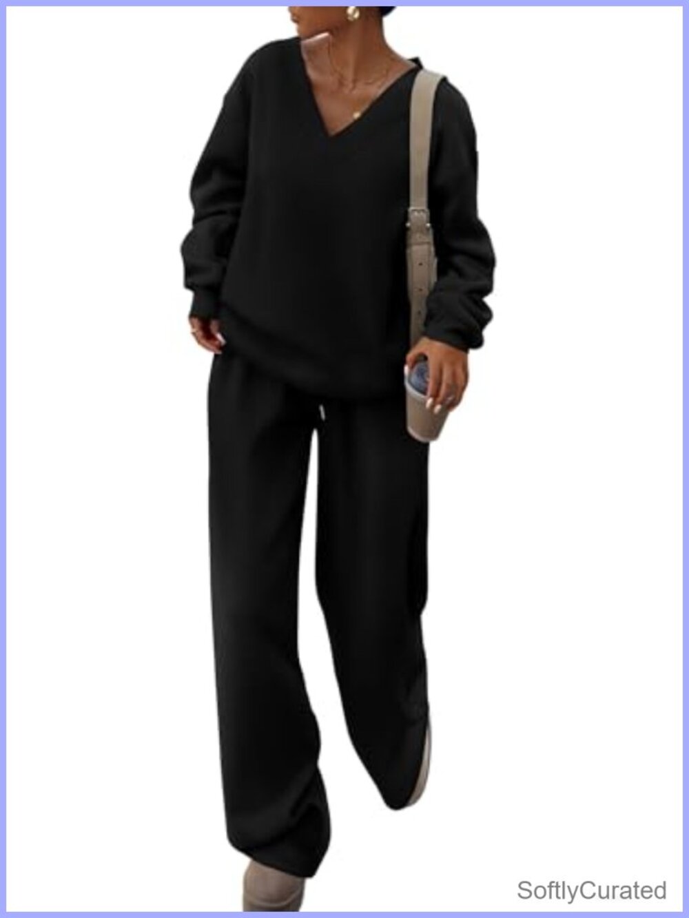 PRETTYGARDEN Womens 2 Piece Sweatsuit Set V Neck Pullover Wide Leg Pants